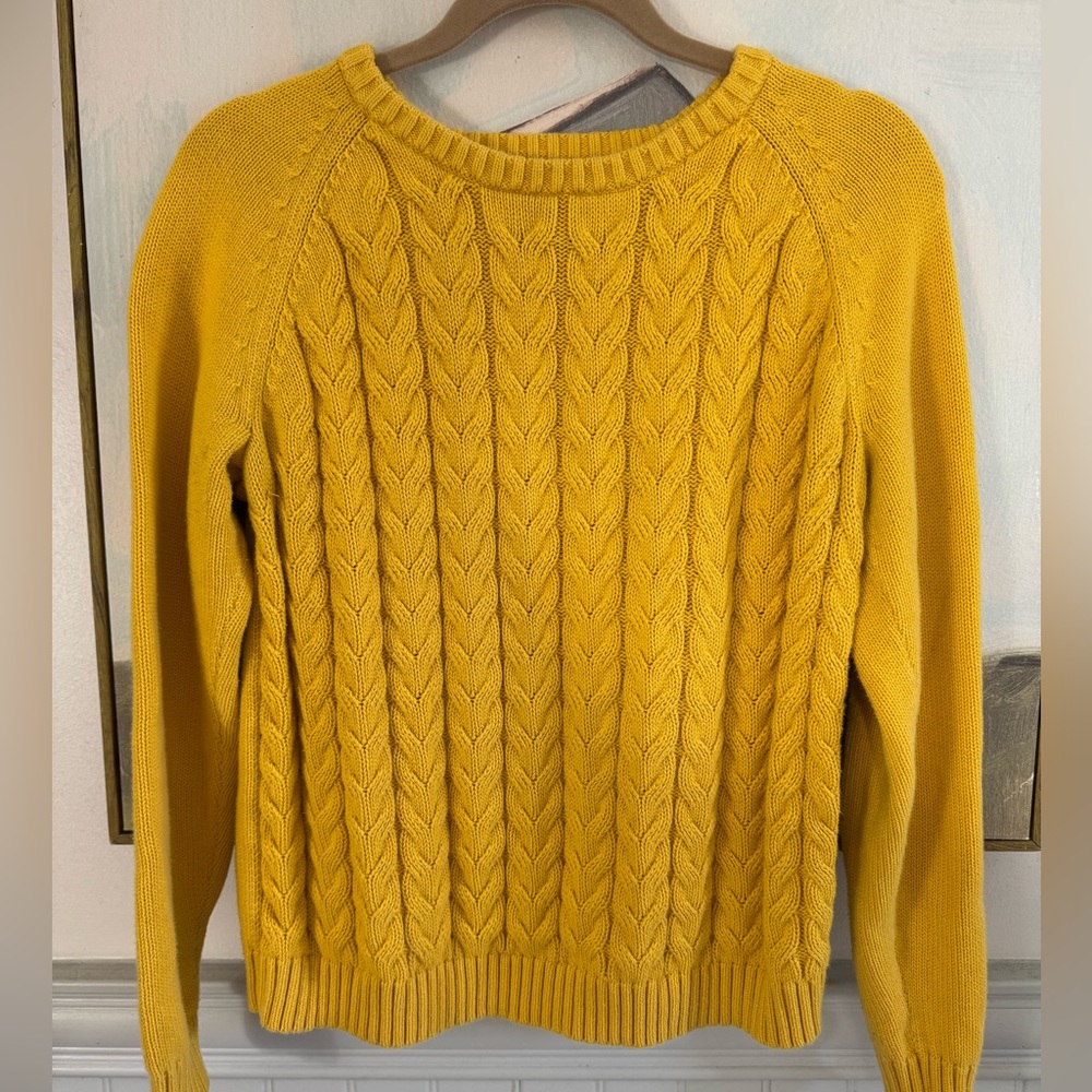 LANDS END Vintage Cotton Drifter Mustard Yellow Cable Knit Sweater Size L Petite